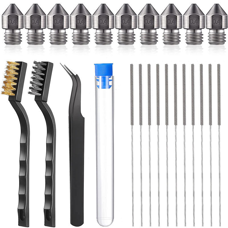 3D Printer Nozzle Cleaner Kit MK8 Hardened Steel Nozzle 0.4mm with Tweezers Cleaning Needle Cleaning Brush